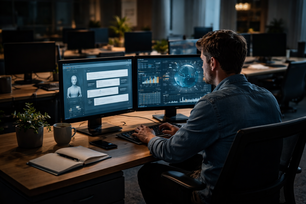 Worker using AI tools in a modern office representing automation and productivity