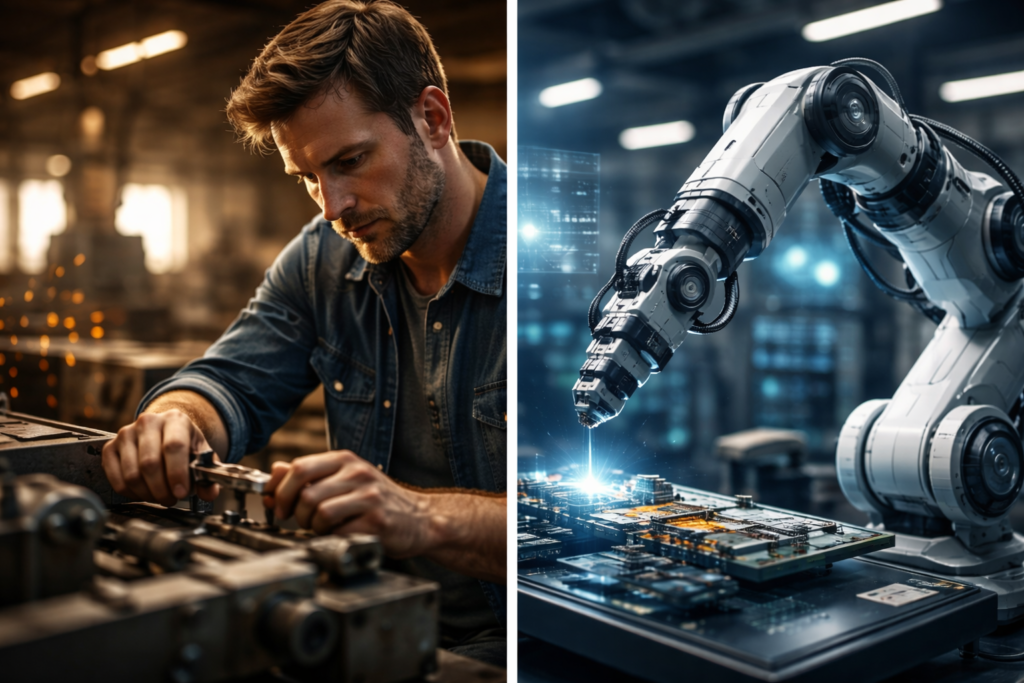 Human worker contrasted with robotic automation showing impact of AI on jobs