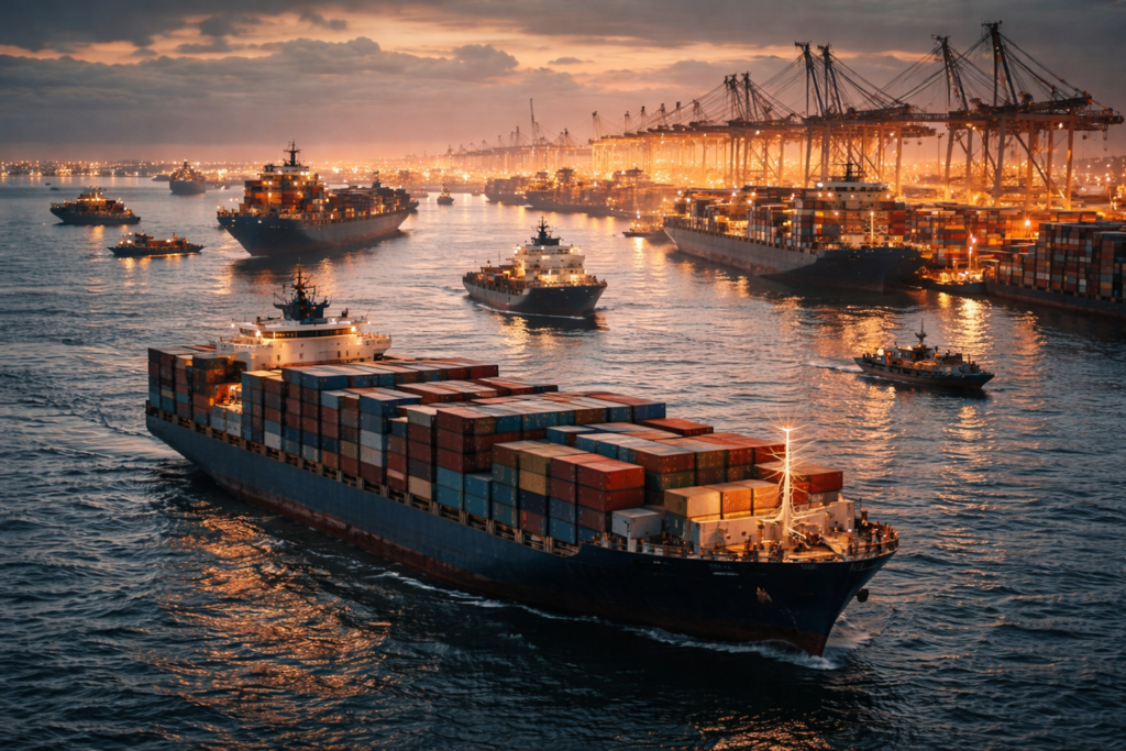 Shipping delays at port representing global supply chain disruptions affecting economy