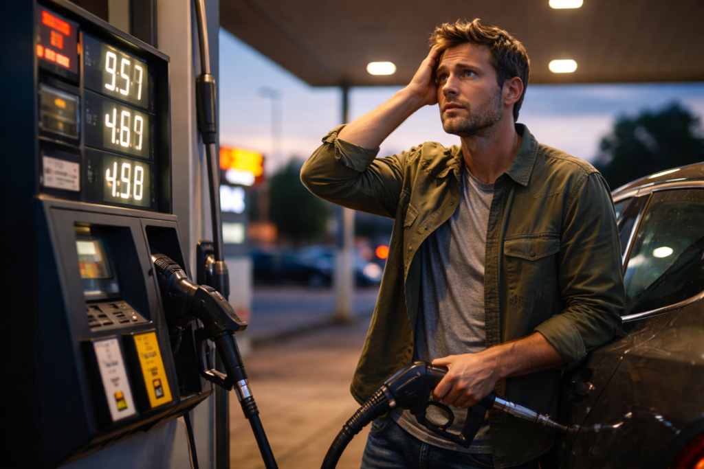 American man reacting to high gas prices showing financial stress from rising fuel costs