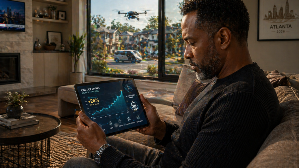 A professional man in Atlanta, Georgia, analyzing cost-of-living and AI automation trends in April 2026.