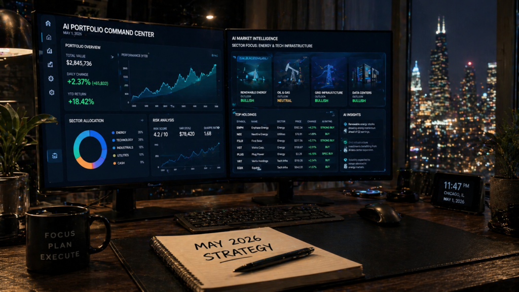 A high-tech home office in Chicago showing an AI dashboard for strategic asset protection in late April 2026.