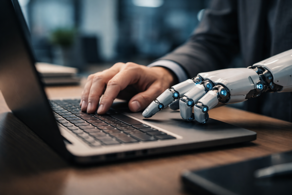Human and robotic hands working together on a laptop, symbolizing AI integration in modern jobs