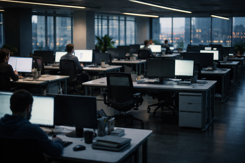 Office with many empty desks and few workers, representing job displacement due to AI automation