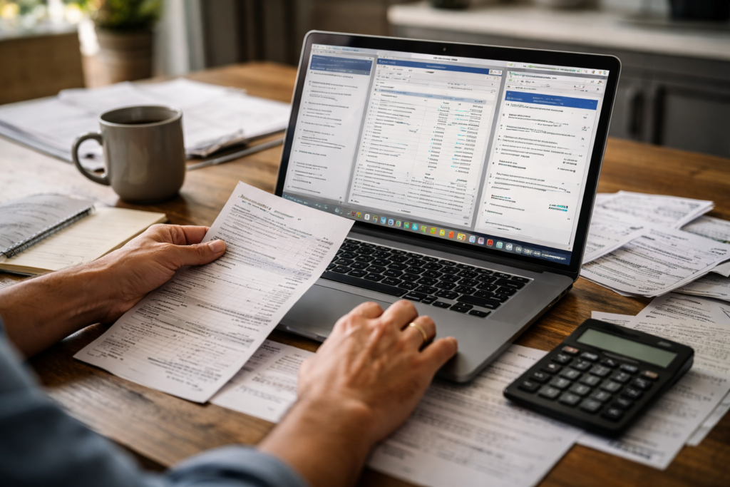 Person reviewing bills and expenses on a laptop at home