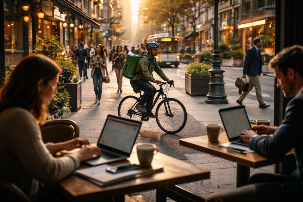 People commuting and working in a busy American city, representing multiple income streams and modern work routines