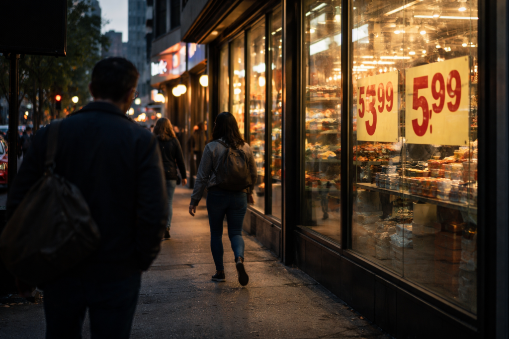 People walking past a storefront with high prices displayed, reflecting rising cost of living in the United States