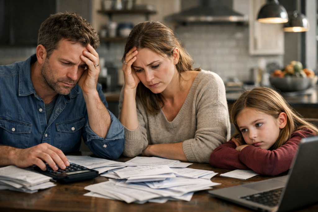 american family stressed about bills at home