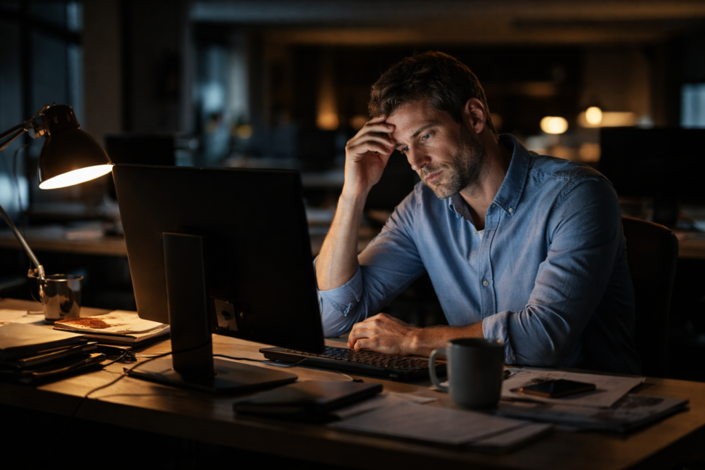 Tired worker in an empty office late at night showing work pressure