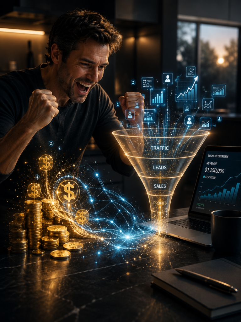 American father vibrating with positive financial results as digital money transforms into automated business funnels for wealth leverage 2026.
