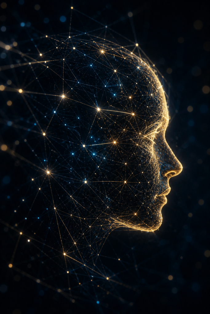 Digital neural network forming a human face representing AI leverage and authority 2026