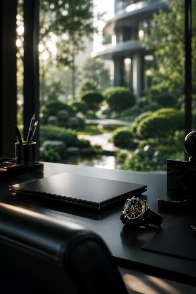 Luxury minimalist office and mechanical watch representing the end of manual labor and time freedom 2026
