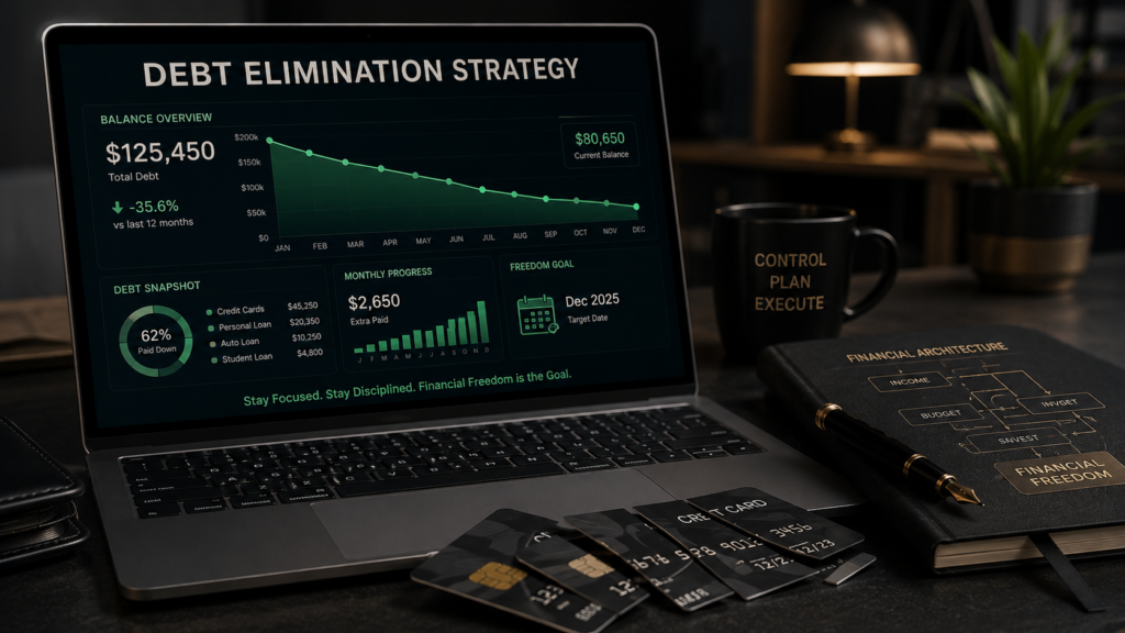 A modern dark desk featuring a laptop displaying credit card debt elimination strategies and clear financial charts.