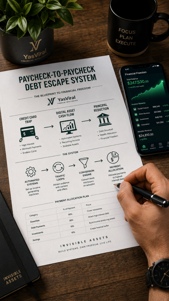 Infographic explaining how to get out of credit card debt living paycheck to paycheck using high-leverage digital assets and financial systems.