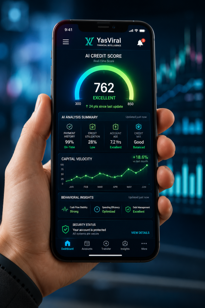 A modern smartphone displaying a credit score dynamic dashboard with automated AI risk indicators.