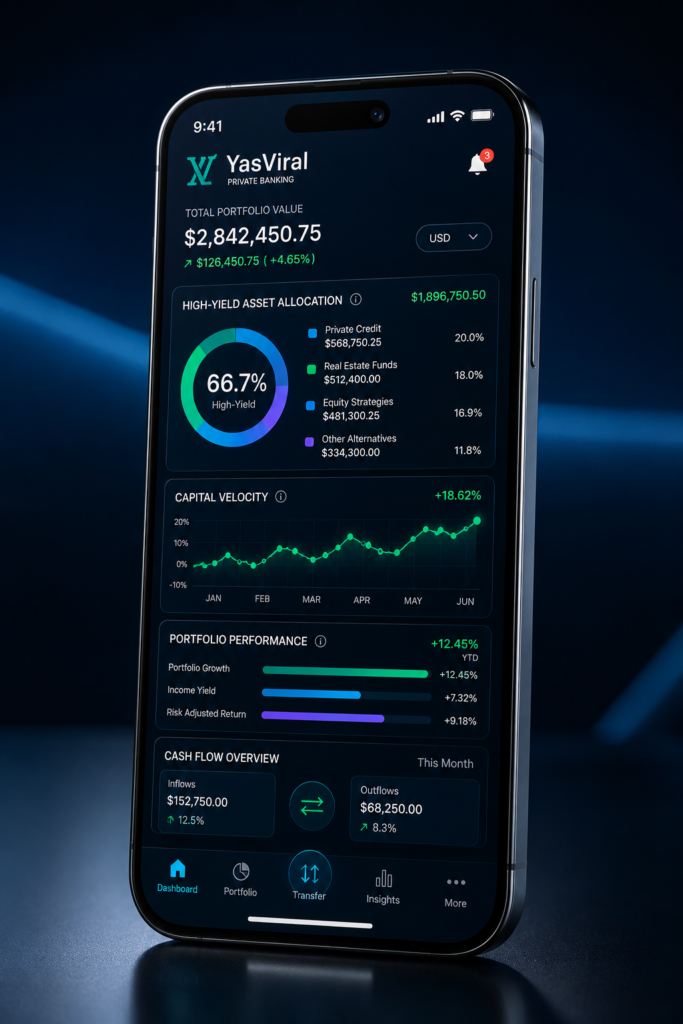 A premium mobile interface displaying interest rate metrics and automated wealth protection indicators.