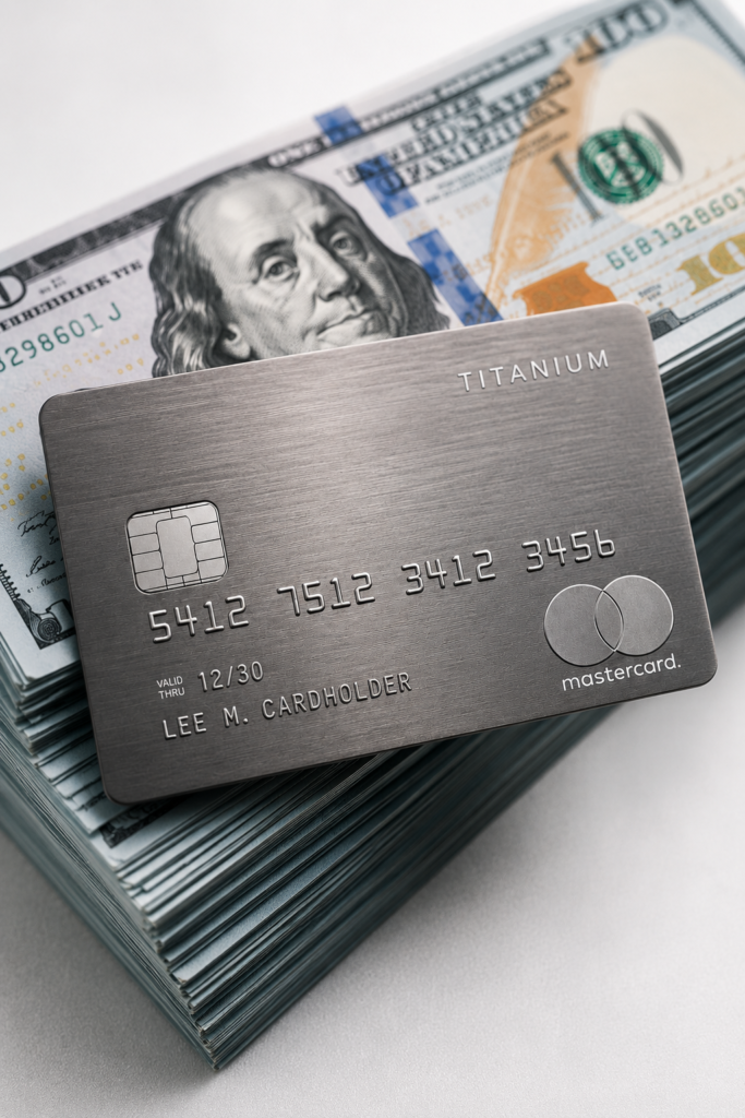 A luxury metallic payment card resting on top of American currency bills, representing liquidity and capital preservation strategies under high-interest rates.