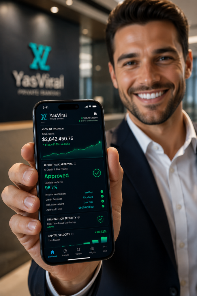 A happy person holding a premium smartphone displaying a secure algorithmic risk assessment app with clean, eco-friendly financial metrics for household liquidity.