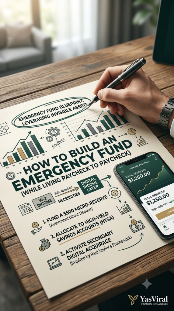 Infographic on how to build an emergency fund when living paycheck to paycheck in the US, highlighting high-yield savings accounts and digital income assets.