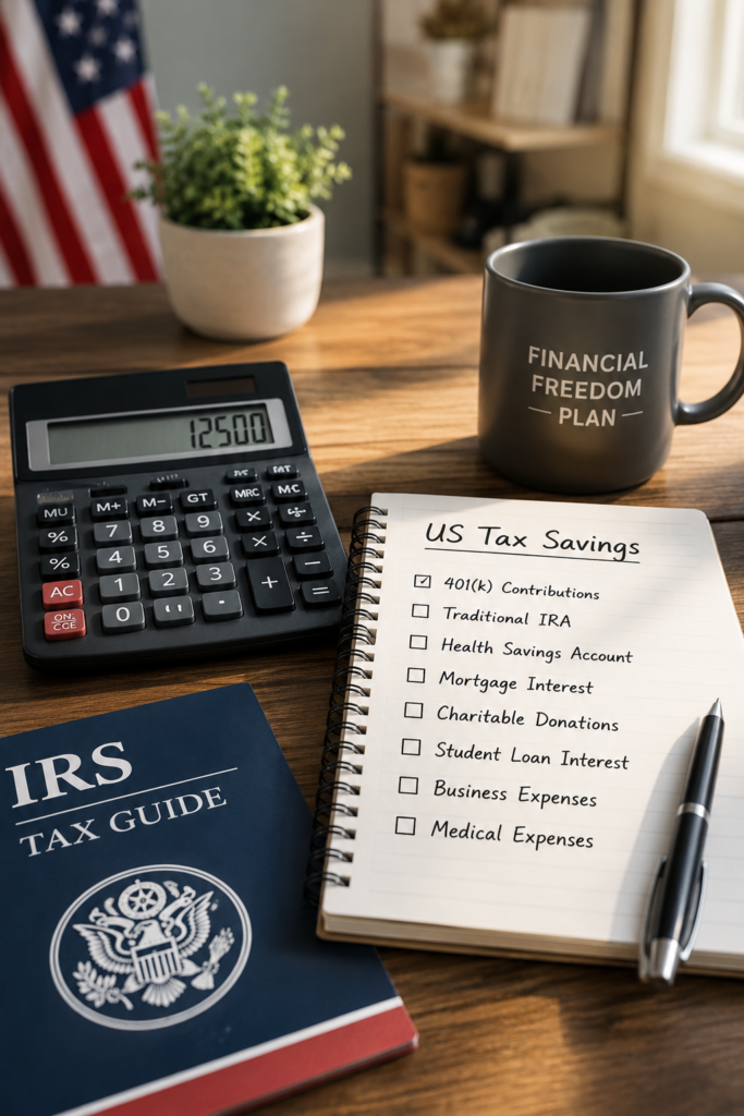 A clean minimalist desk setup with a calculator, optimized for a US tax deduction and financial planning checklist.