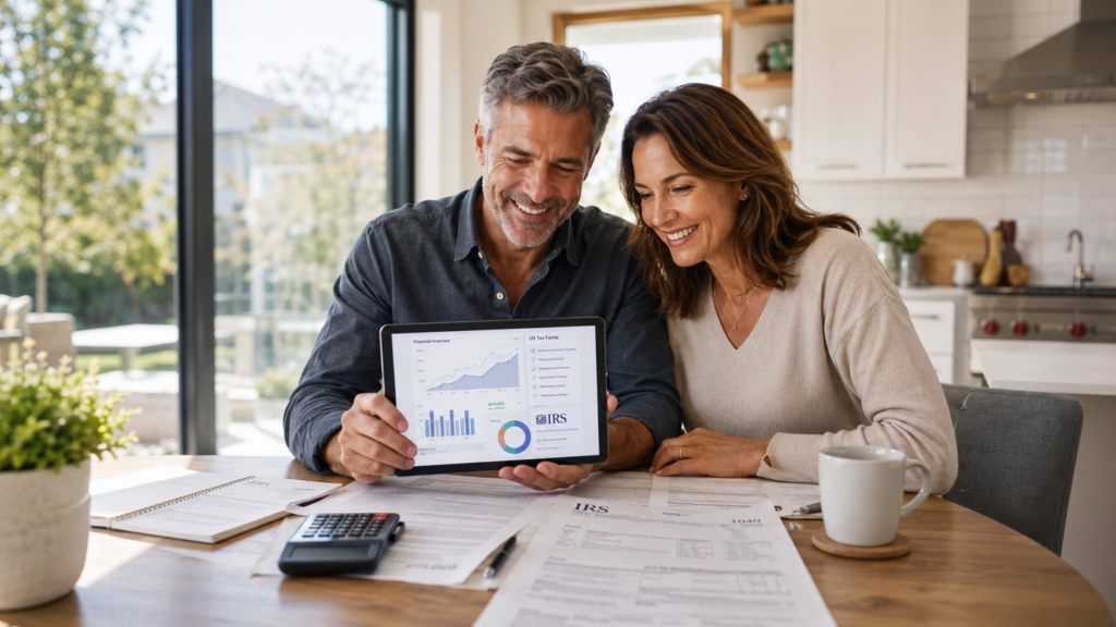 An American couple calculating their household tax savings and maximizing the IRS standard deduction limits.