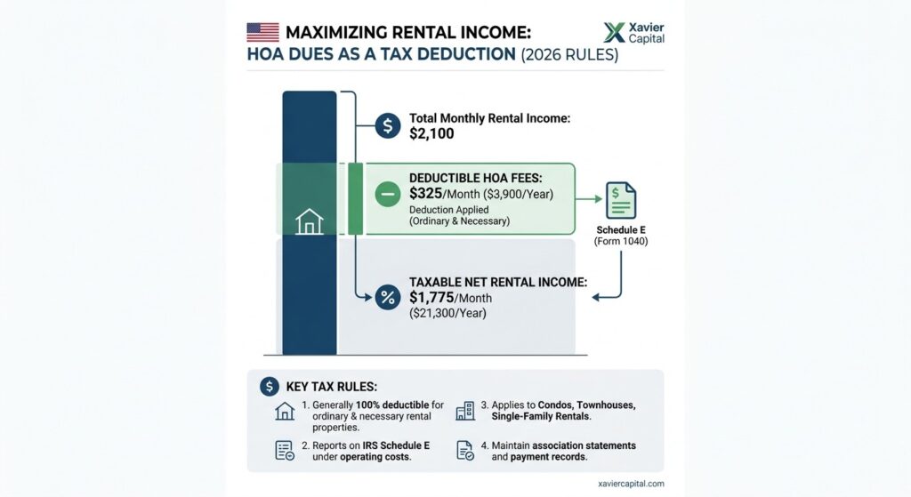 Chart illustrating 2026 IRS Schedule E HOA fee tax deductions for rental property income