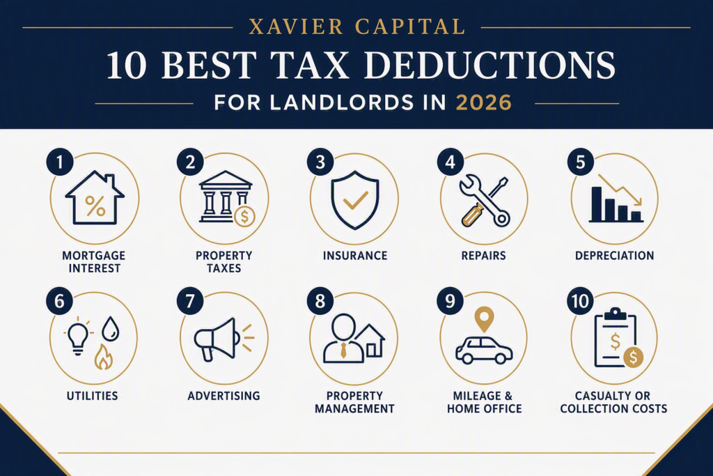 Infographic showing the 10 best tax deductions for landlords in 2026