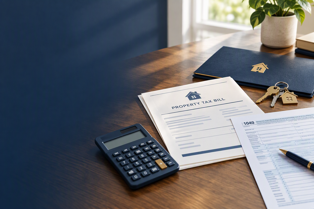 Property tax bill, calculator, house keys, and tax documents on a desk