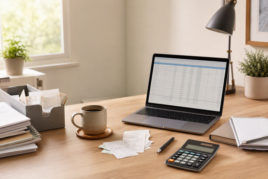 Organized home office desk with a laptop, receipts, and calculator for tracking Schedule C business expenses