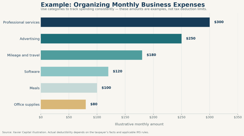 Illustrative monthly business expense chart comparing professional services, advertising, mileage and travel, software, meals, and office supplies; amounts are examples, not tax deduction limits.