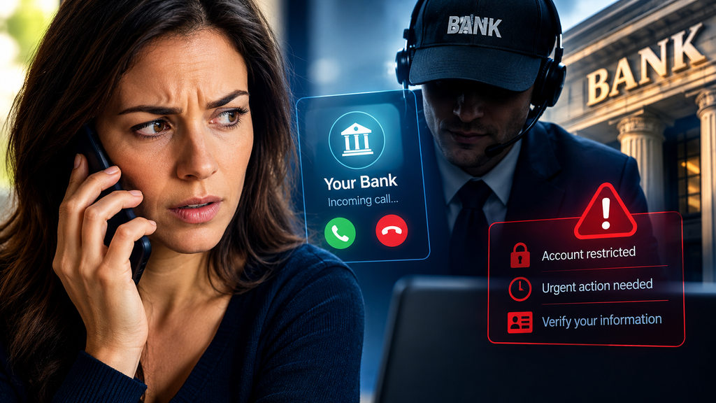 Woman receiving a suspicious phone call from a fake bank employee, with warning alerts about account restrictions and requests for personal information.