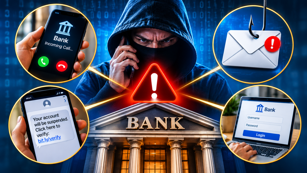 Bank impersonation scams illustrated by a fake bank phone call, phishing text messages, fraudulent emails, and a fake online banking login page.