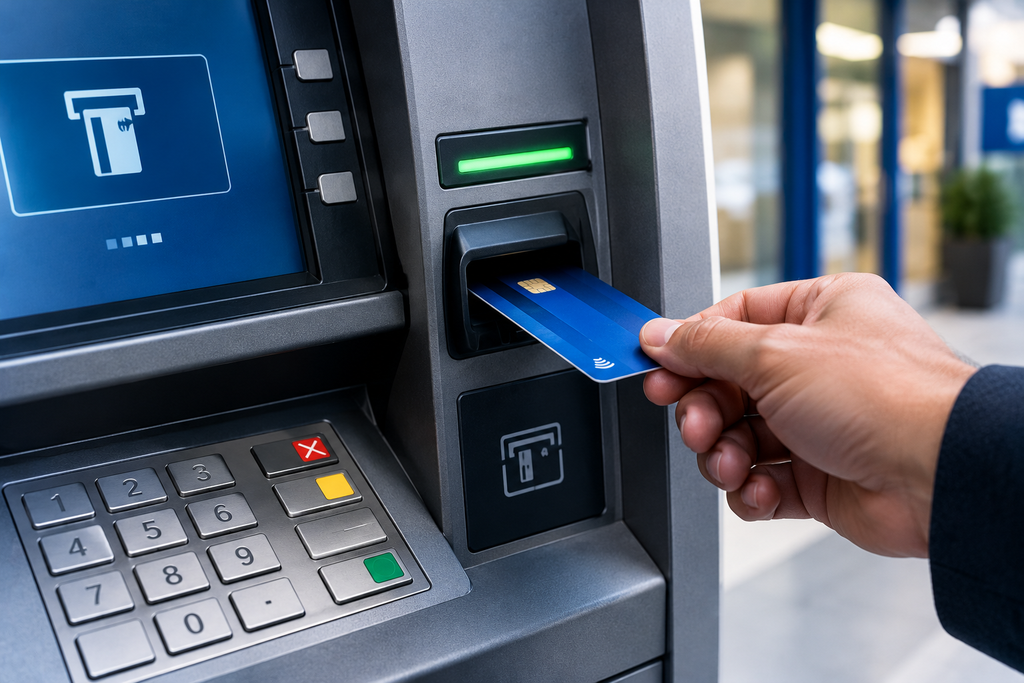 Hand inserting a bank card into an ATM card reader at a modern banking terminal.