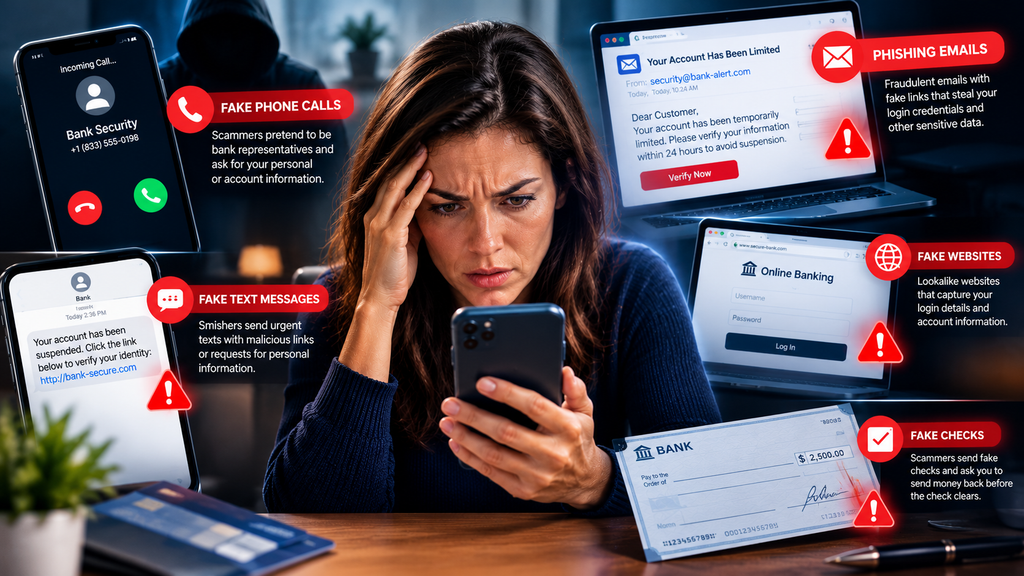 Common bank scams including fake phone calls, phishing emails, fraudulent text messages, fake banking websites, and counterfeit checks designed to steal money and personal information.