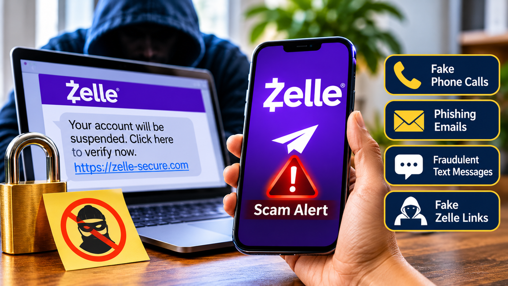 Examples of Zelle scams showing a fraudulent account suspension email, a fake payment link, phishing messages, and scam phone calls.