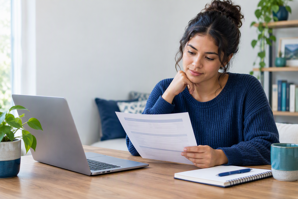 Borrower reviewing student loan documents at a desk with a laptop.